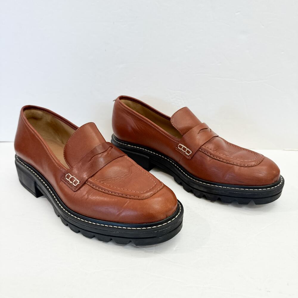 Bernardo Chandler Leather Penny Loafers Saddle Brown Lug Sole 8